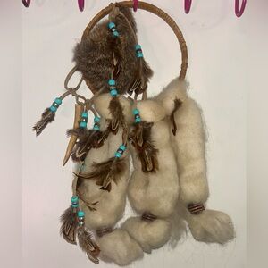 Vintage Mandella Dream Catcher Native American real Fur Wool Horn feathers 15"